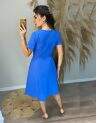 Vestido de Linho Evasê Com Manga Curta Azul - 06262